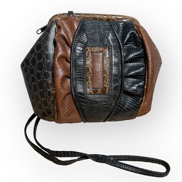 Vintage Crossbody Purse, Patchwork Embossed Genuine Leather, Brown & Black Bag - Picture 1 of 13
